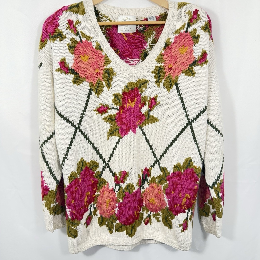Vintage Express Handknitted Floral Sweater M/Ramie Corton‎ 80's 90's Cottagecore
